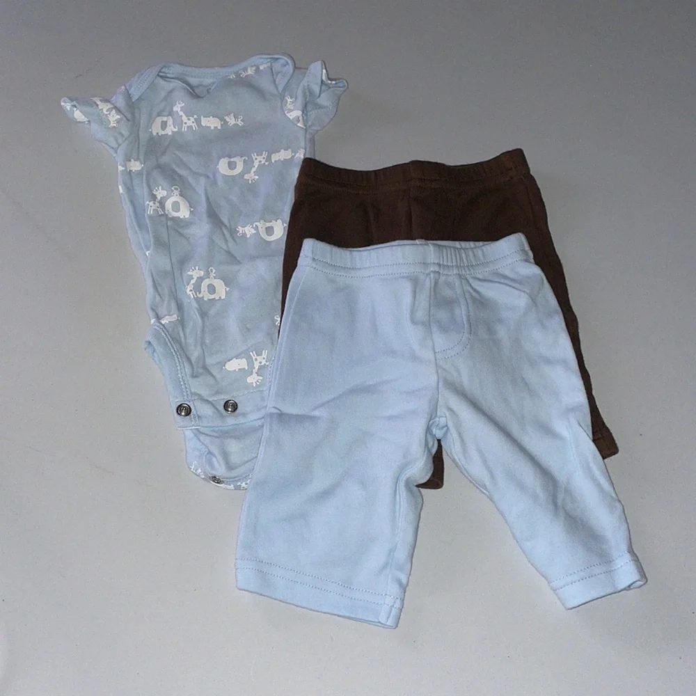 Carters, newborn, onesie, with zoo, animals with a pair of brown and blue pants